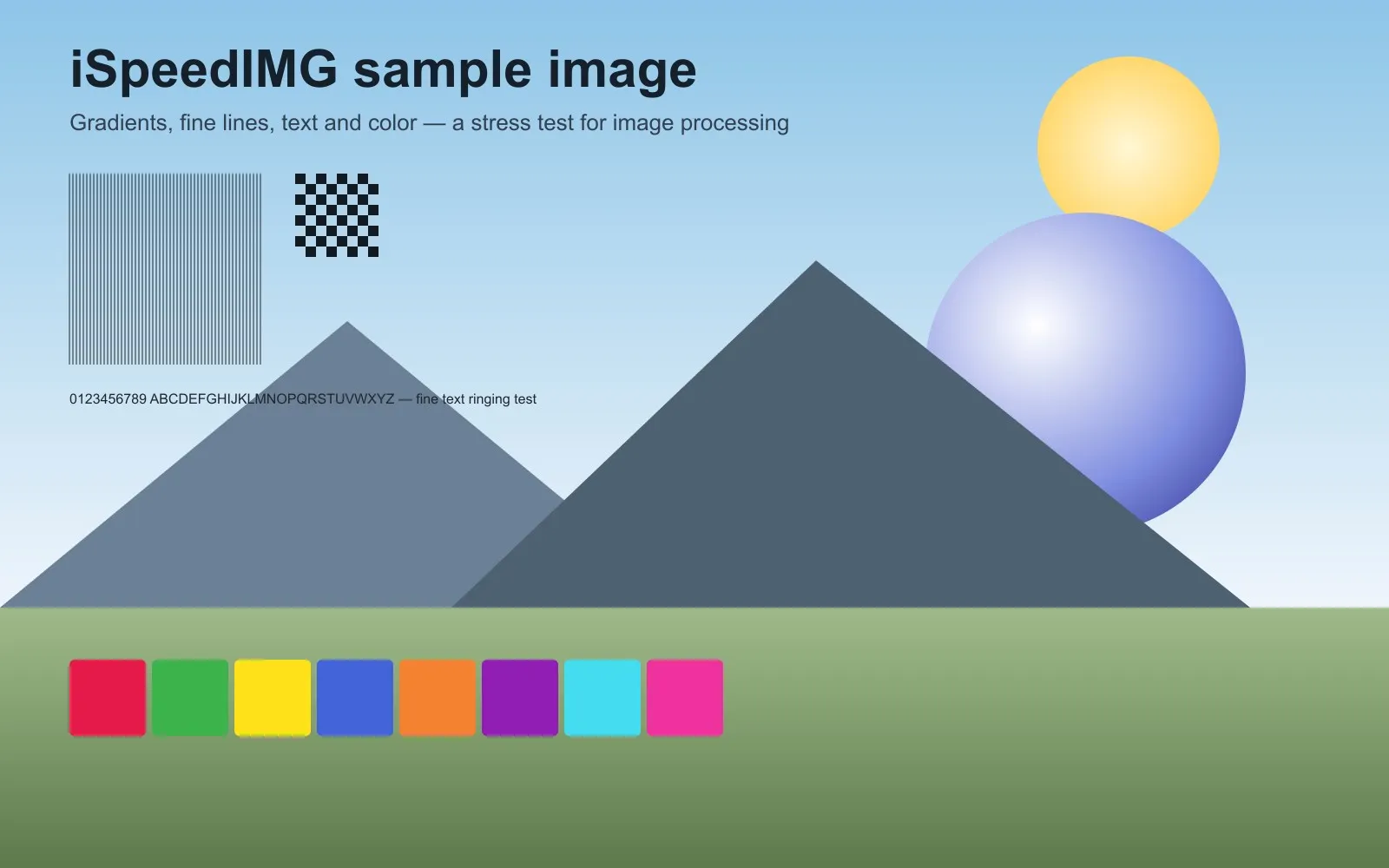 Sample test image with a sky gradient, mountains, a color chart, fine vertical lines, a checkerboard patch and small text